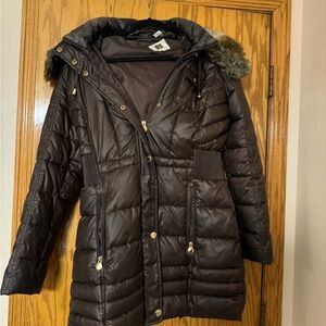 Laundry large brown puffer coat with fitted waist and faux fur trim